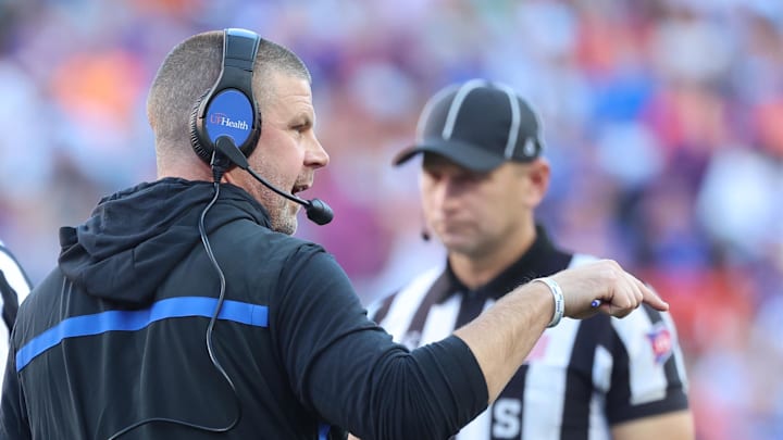 Nov 16, 2024; Gainesville, Florida, USA; Florida Gators head coach Billy Napier against the LSU Tigers during the first half at Ben Hill Griffin Stadium. Mandatory Credit: Kim Klement Neitzel-Imagn Images