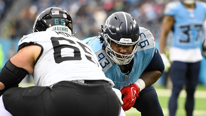 Dec 8, 2024; Nashville, Tennessee, USA;   Tennessee Titans defensive tackle T'Vondre Sweat (93) against the Jacksonville Jaguars during the first half at Nissan Stadium. Mandatory Credit: Steve Roberts-Imagn Images