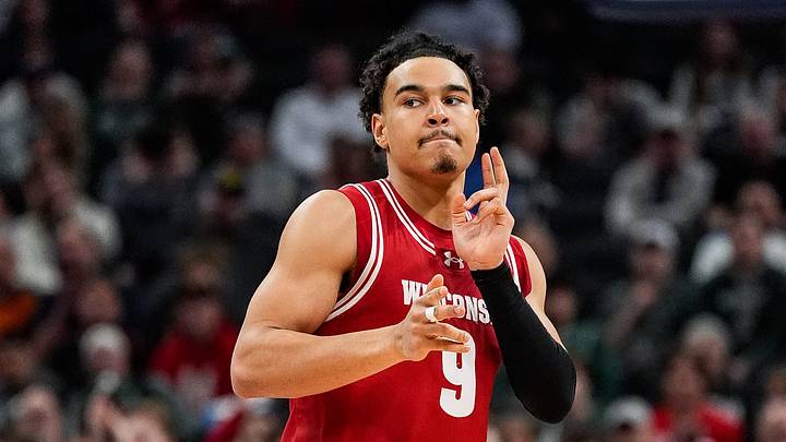Wisconsin guard John Tonje (9) celebrates a three point basket against Michigan State during the first half of Big Ten Tournament semifinal at Gainbridge Fieldhouse in Indianapolis, Ind. on Saturday, March 15, 2025.