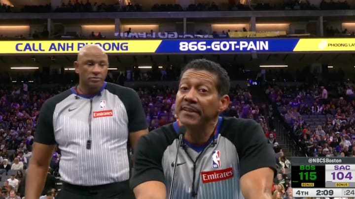 Bill Kennedy tells the crowd at Golden 1 Center what’s going on during a Celtics-Kings game.