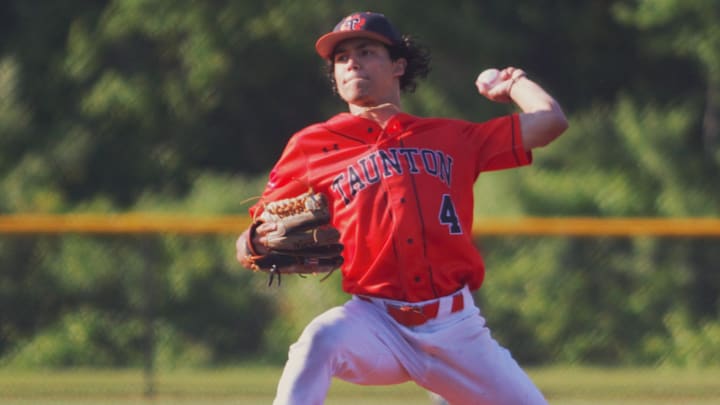 Taunton's Johnny Escobalez throws a pitch during an MIAA Division 1 Sweet Sixteen game against Durfee.