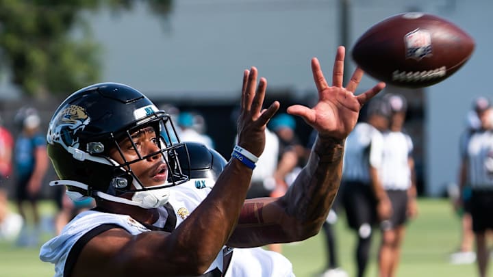 Jacksonville Jaguars safety Rayuan Lane III (25) hauls in a pass during drills during the Jacksonville Jaguars’ third mandatory minicamp Thursday June 12, 2025 at the Miller Electric Center in Jacksonville, Fla. [Doug Engle/Florida Times-Union]