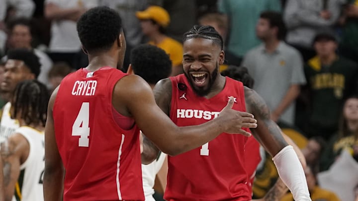 Feb 24, 2024; Waco, Texas, USA; Houston Cougars guard L.J. Cryer (4) and guard Jamal Shead (1) react