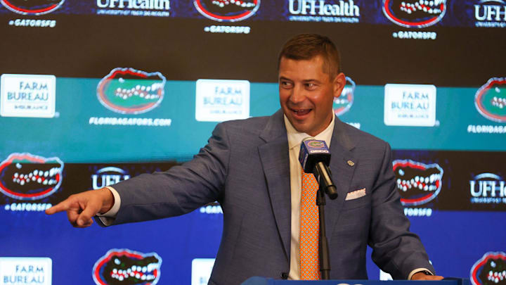 New UF head football coach Jon Sumrall speaks during a press conference at the James W. “Bill” Heavener Football Training Center in Gainesville, FL on Monday, December 1, 2025. [Alan Youngblood/Gainesville Sun]