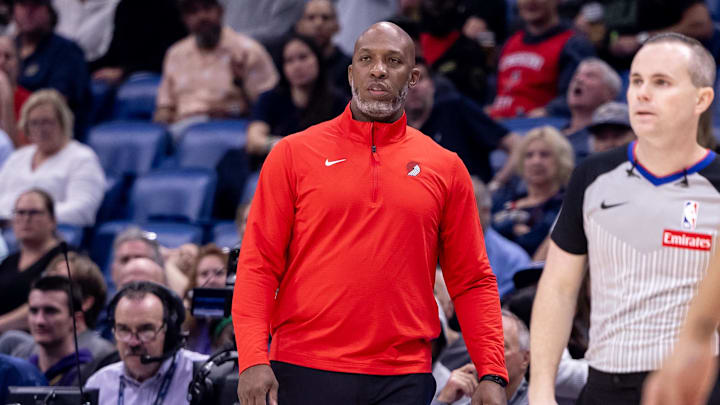 Nov 4, 2024; New Orleans, Louisiana, USA;  Portland Trail Blazers head coach Chauncey Billups looks on against the New Orleans Pelicans during the first half at Smoothie King Center. Mandatory Credit: Stephen Lew-Imagn Images