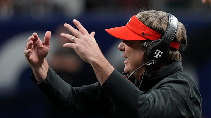 Georgia coach Kirby Smart reacts during the first half of the SEC championship game against Texas in Atlanta, on Saturday, Dec. 7, 2024.