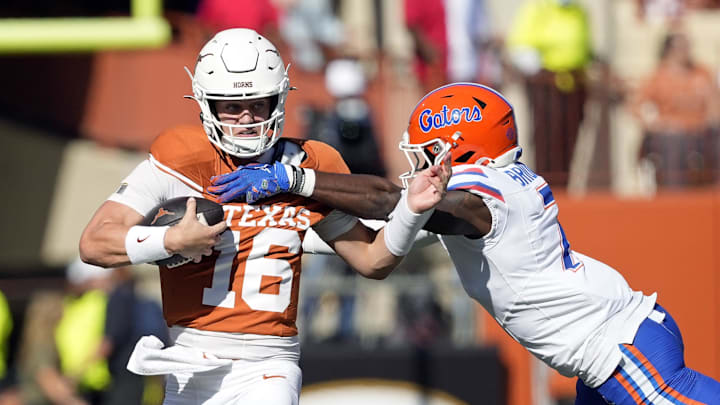 Texas Longhorns quarterback Arch Manning against the Florida Gators at Darrell K Royal-Texas Memorial Stadium.