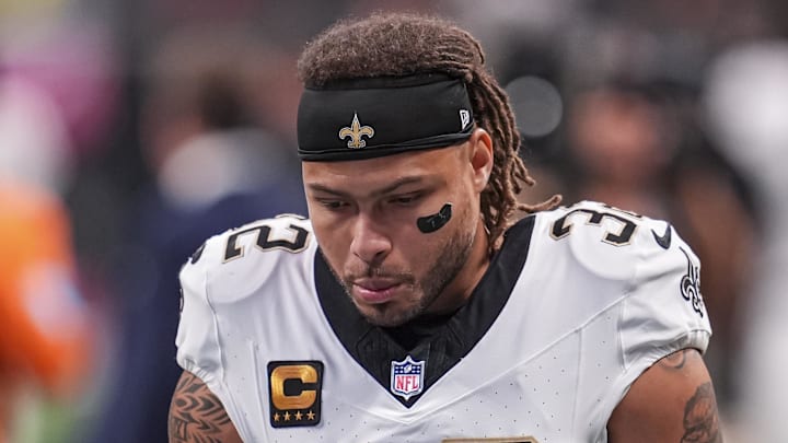 New Orleans Saints safety Tyrann Mathieu reacts after Atlanta Falcons place kicker Younghoe Koo (not pictured) kicked a game winning field goal during the fourth quarter at Mercedes-Benz Stadium.