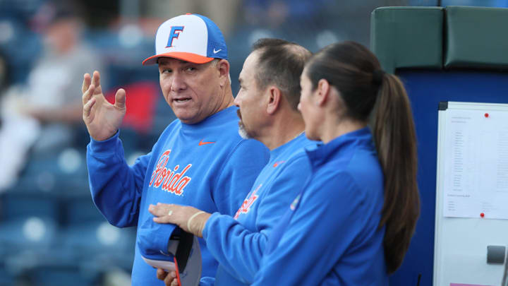Florida head coach Tim Walton talks before a NCAA softball game at Katie Seashole Pressly Stadium in Gainesville, FL on Wednesday, February 11, 2026. Florida beat Jacksonville in their home opener 11-1, [Alan Youngblood/Gainesville Sun]