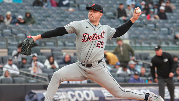 May 5, 2024; Bronx, New York, USA; Detroit Tigers starting pitcher Tarik Skubal (29) delivers a pitch during the first inning against the New York Yankees at Yankee Stadium. Mandatory Credit: Vincent Carchietta-Imagn Images