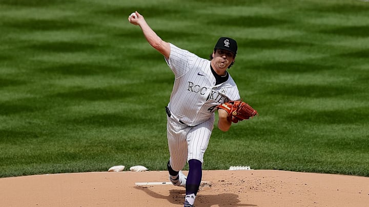 Sep 15, 2024; Denver, Colorado, USA; Colorado Rockies starting pitcher Cal Quantrill (47) pitches in the first inning against the Chicago Cubs at Coors Field. Mandatory Credit: Isaiah J. Downing-Imagn Images