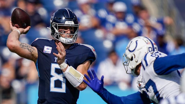 Tennessee Titans quarterback Will Levis (8) throws the ball under pressure from Indianapolis Colts defensive end Laiatu Latu (97) during the third quarter at Nissan Stadium in Nashville, Tenn., Sunday, Oct. 13, 2024. Tennessee Titans quarterback Will Levis (8) throws the ball under pressure from Indianapolis Colts defensive end Laiatu Latu (97) during the third quarter at Nissan Stadium in Nashville, Tenn., Sunday, Oct. 13, 2024.