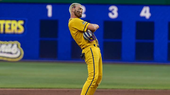 Savannah Banana shortstop Ryan Cox (6) reacts to making his second-straight trick play during the Savannah Bananas game against the Texas Tailgaters Saturday, Aug. 30, 2025 at PNC Park in Pittsburgh, Pa.