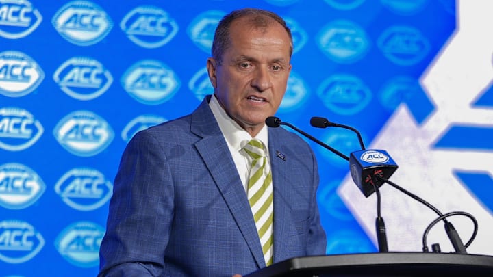 Jul 22, 2025; Charlotte, NC, USA; ACC commissioner Jim Phillips speaks to the media during ACC Media Days at Hilton Charlotte Uptown. Mandatory Credit: Jim Dedmon-Imagn Images