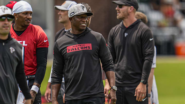 Jun 11, 2025; Atlanta, GA, USA; Atlanta Falcons head coach Raheem Morris reacts on the field during Minicamp at Children's Healthcare of Atlanta Training Ground. Mandatory Credit: Dale Zanine-Imagn Images