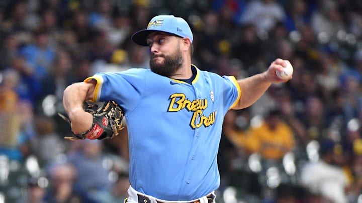 Sep 15, 2023; Milwaukee, Wisconsin, USA; Milwaukee Brewers starting pitcher Wade Miley (20) delivers