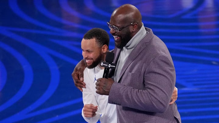 Feb 16, 2025; San Francisco, CA, USA; Shaqís OGs guard Stephen Curry (30) of the Golden State Warriors with general manager Shaquille OíNeal during the 2025 NBA All Star Game at Chase Center. Mandatory Credit: Cary Edmondson-Imagn Images