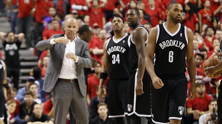May 4, 2014; Toronto, Ontario, CAN; Brooklyn Nets head coach Jason Kidd  and forward Paul Pierce (34) and center-forward Andray Blatche (0) and forward-guard Alan Anderson (6) during a break in the action against the Toronto Raptors in game seven of the first round of the 2014 NBA Playoffs at the Air Canada Centre. Brooklyn defeated Toronto 104-103. Mandatory Credit: John E. Sokolowski-USA TODAY Sports