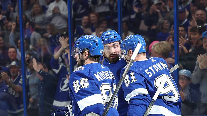 Oct 19, 2023; Tampa, Florida, USA; Tampa Bay Lightning left wing Nicholas Paul (20) is congratulated by Tampa Bay Lightning center Steven Stamkos (91) and Tampa Bay Lightning right wing Nikita Kucherov (86) after he scored a goal against the Vancouver Canucks during the first period at Amalie Arena. Mandatory Credit: Kim Klement Neitzel-USA TODAY Sports