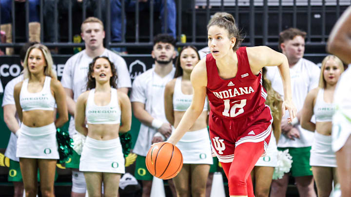 Indiana guard Yarden Garzon, shown here playing at Oregon on Jan. 24, 2025, scored a career-high 35 points against Washington on Jan. 27, 2025 at Alaska Airlines Arena in Seattle. Indiana guard Yarden Garzon, shown here playing at Oregon on Jan. 24, 2025, scored a career-high 35 points against Washington on Jan. 27, 2025 at Alaska Airlines Arena in Seattle.