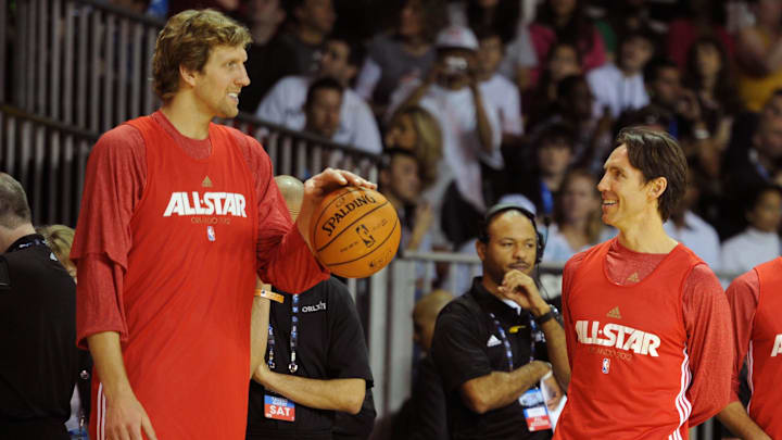 Feb 25, 2012; Orlando, FL, USA; Western Conference forward Dirk Nowitzki of the Dallas Mavericks (left), Steve Nash of the Phoenix Suns (right) chat during the 2012 NBA All-Star team practice session at the Orange County Convention Center. Mandatory Credit: Bob Donnan-Imagn Images Feb 25, 2012; Orlando, FL, USA; Western Conference forward Dirk Nowitzki of the Dallas Mavericks (left), Steve Nash of the Phoenix Suns (right) chat during the 2012 NBA All-Star team practice session at the Orange County Convention Center. Mandatory Credit: Bob Donnan-Imagn Images
