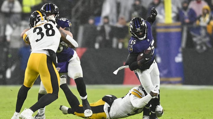 Jan 6, 2024; Baltimore, Maryland, USA; Baltimore Ravens wide receiver Nelson Agholor (15) runs as Jan 6, 2024; Baltimore, Maryland, USA; Baltimore Ravens wide receiver Nelson Agholor (15) runs as