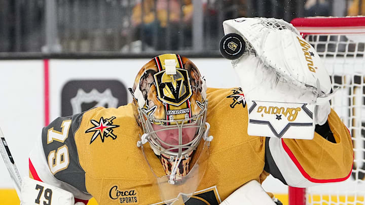 Apr 15, 2026; Las Vegas, Nevada, USA; Vegas Golden Knights goaltender Carter Hart (79) makes a save against the Seattle Kraken during the first period at T-Mobile Arena. Mandatory Credit: Stephen R. Sylvanie-Imagn Images Apr 15, 2026; Las Vegas, Nevada, USA; Vegas Golden Knights goaltender Carter Hart (79) makes a save against the Seattle Kraken during the first period at T-Mobile Arena. Mandatory Credit: Stephen R. Sylvanie-Imagn Images