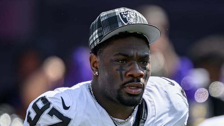 Sep 15, 2024; Baltimore, Maryland, USA; Las Vegas Raiders defensive end Janarius Robinson (97) looks on before the game against the Baltimore Ravens at M&T Bank Stadium. Mandatory Credit: Reggie Hildred-Imagn Images