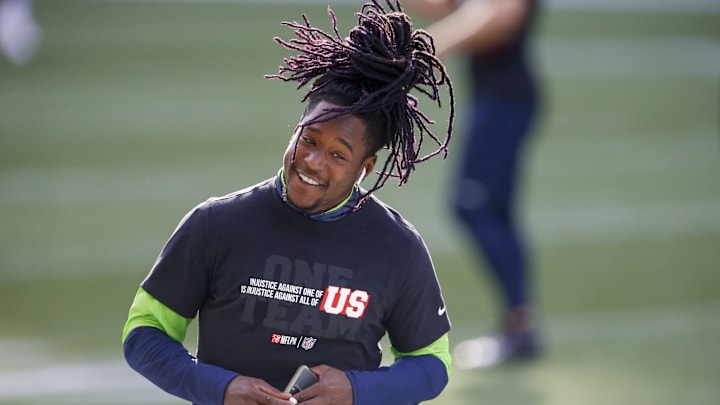 Sep 20, 2020; Seattle, Washington, USA; Seattle Seahawks cornerback Shaquill Griffin (26) participate in pregame warmups before a game against the New England Patriots at CenturyLink Field. 