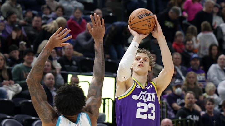 Feb 22, 2024; Salt Lake City, Utah, USA;  Utah Jazz forward Lauri Markkanen (23) shoots the ball during the first quarter against the Charlotte Hornets at Delta Center. Mandatory Credit: Chris Nicoll-Imagn Images