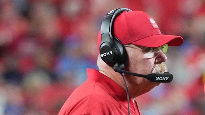 Oct 12, 2025; Kansas City, Missouri, USA; Kansas City Chiefs head coach Andy Reid during the second half at GEHA Field at Arrowhead Stadium. Mandatory Credit: Denny Medley-Imagn Images