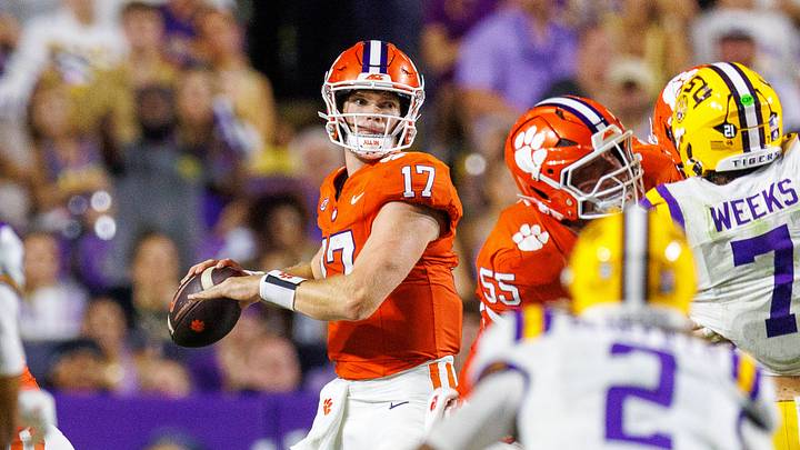 Clemson Tigers quarterback Christopher Vizzina (17) drops back to pass against LSU Tigers during the first half at Tiger Stadium.  Mandatory Credit: Stephen Lew-Imagn Images