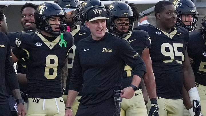 Wake Forest Demon Deacons head coach Jake Dickert on the sideline against the Akron Zips during the first half at Allegacy Federal Credit Union Stadium. Wake Forest Demon Deacons head coach Jake Dickert on the sideline against the Akron Zips during the first half at Allegacy Federal Credit Union Stadium.