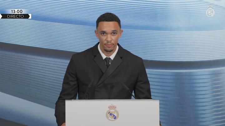 Trent Alexander-Arnold addressed assembled media at his Real Madrid unveiling. Trent Alexander-Arnold addressed assembled media at his Real Madrid unveiling.