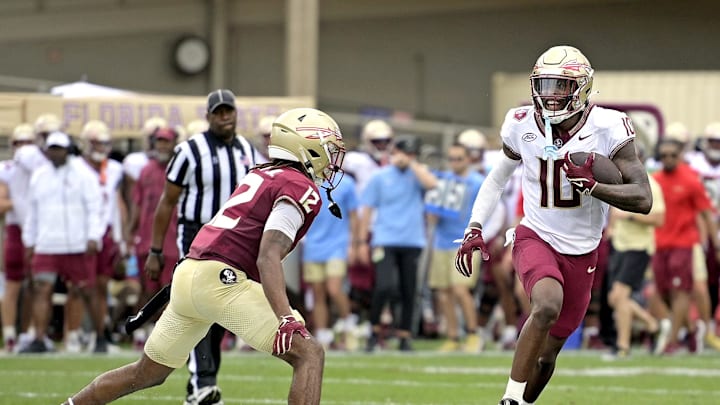 Apr 20, 2024; Tallahassee, Florida, USA; Florida State Seminoles wide receiver Malik Benson (10) runs with the ball during the Spring Showcase at Doak S. Campbell Stadium. Mandatory Credit: Melina Myers-USA TODAY Sports