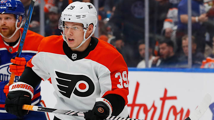 Oct 15, 2024; Edmonton, Alberta, CAN; Philadelphia Flyers forward Matvei Michkov (39) follows the play against the Edmonton Oilers at Rogers Place. Mandatory Credit: Perry Nelson-Imagn Images