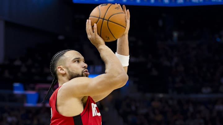 Dec 5, 2024; San Francisco, California, USA;  Houston Rockets forward Dillon Brooks (9) takes a three-point shot against the Golden State Warriors during the third quarter at Chase Center. Mandatory Credit: John Hefti-Imagn Images