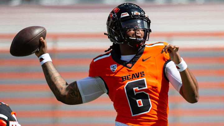 Oregon State's Maalik Murphy throws the ball during the Oregon State Spring Game at Reser Stadium on Saturday, April 19, 2025, in Corvallis, Ore.