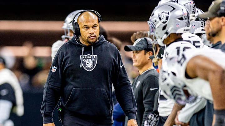 Dec 29, 2024; New Orleans, Louisiana, USA;  Las Vegas Raiders head coach Antonio Pierce looks on against the New Orleans Saints  during the second half at Caesars Superdome. Mandatory Credit: Stephen Lew-Imagn Images