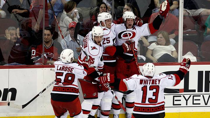 Apr 28, 2009; Newark, NJ, USA; Carolina Hurricanes center Eric Staal (12) celebrates his series-winning goal over the New Jersey Devils during the third period of Game 7 of the Eastern Conference Quarterfinals of the 2009 Stanley Cup playoffs at the Prudential Center. The Hurricanes won the game 4-3. Mandatory Credit: Ed Mulholland-USA TODAY Sports