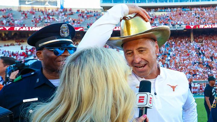 Oct 11, 2025; Dallas, Texas, USA; Texas Longhorns head coach Steve Sarkisian wears the Golden Hat after the game against the Oklahoma Sooners at the Cotton Bowl. Mandatory Credit: Kevin Jairaj-Imagn Images Oct 11, 2025; Dallas, Texas, USA; Texas Longhorns head coach Steve Sarkisian wears the Golden Hat after the game against the Oklahoma Sooners at the Cotton Bowl. Mandatory Credit: Kevin Jairaj-Imagn Images