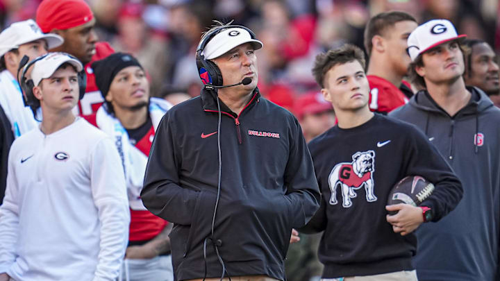 Nov 23, 2024; Athens, Georgia, USA; Georgia Bulldogs head coach Kirby Smart reacting on the sideline against the Massachusetts Minutemen during the second half at Sanford Stadium. Mandatory Credit: Dale Zanine-Imagn Images Nov 23, 2024; Athens, Georgia, USA; Georgia Bulldogs head coach Kirby Smart reacting on the sideline against the Massachusetts Minutemen during the second half at Sanford Stadium. Mandatory Credit: Dale Zanine-Imagn Images