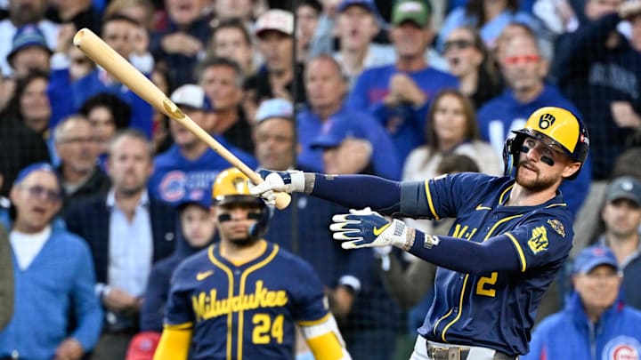 Oct 8, 2025; Chicago, Illinois, USA; Milwaukee Brewers second baseman Brice Turang (2) reacts to striking out against the Chicago Cubs in the fifth inning during game three of the NLDS round for the 2025 MLB playoffs at Wrigley Field. Mandatory Credit: Matt Marton-Imagn Images