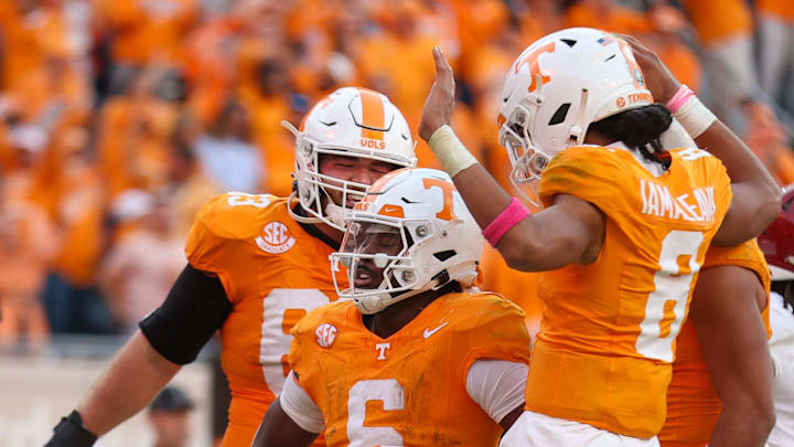 Oct 19, 2024; Knoxville, Tennessee, USA; Tennessee Volunteers running back Dylan Sampson (6) celebrates after a touchdown against the Alabama Crimson Tide during the second half at Neyland Stadium. Mandatory Credit: Randy Sartin-Imagn Images