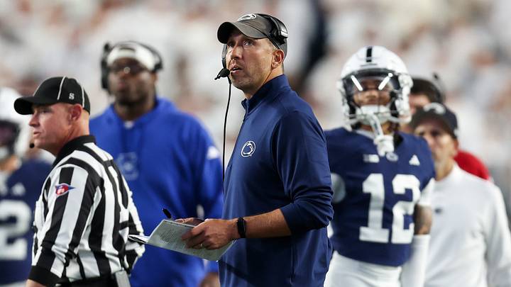 Oct 10, 2026; University Park, Pennsylvania, USA;  Penn State Nittany Lions head coach Matt Campbell looks at the video board from the sideline during the second quarter against the Southern California Trojans at West Shore Home Field at Beaver Stadium.  Mandatory Credit: Matthew O'Haren-Imagn Images