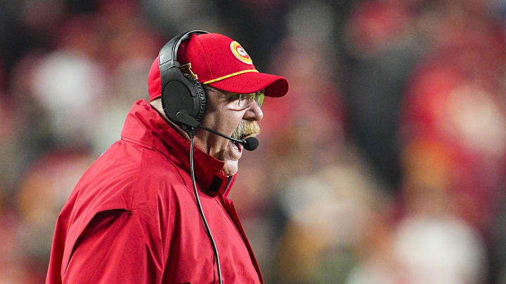 Kansas City Chiefs head coach Andy Reid reacts to a penalty during the second half against the Los Angeles Chargers at GEHA Field at Arrowhead Stadium.