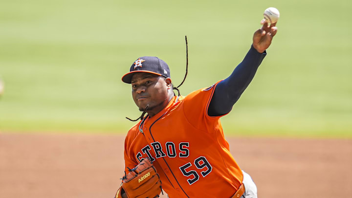 Sep 14, 2025; Cumberland, Georgia, USA; Houston Astros starting pitcher Framber Valdez (59) pitches against the Atlanta Braves during the first inning at Truist Park. Mandatory Credit: Dale Zanine-Imagn Images