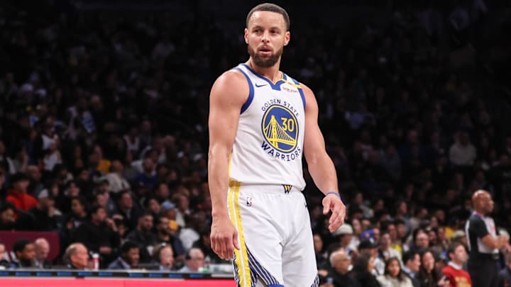 Mar 6, 2025; Brooklyn, New York, USA;  Golden State Warriors guard Stephen Curry (30) in the third quarter against the Brooklyn Nets at Barclays Center. Mandatory Credit: Wendell Cruz-Imagn Images