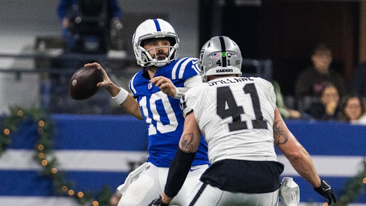 Dec 31, 2023; Indianapolis, Indiana, USA; Indianapolis Colts quarterback Gardner Minshew (10) passes Dec 31, 2023; Indianapolis, Indiana, USA; Indianapolis Colts quarterback Gardner Minshew (10) passes