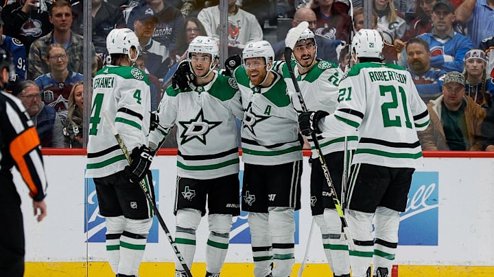May 13, 2024; Denver, Colorado, USA; Dallas Stars center Wyatt Johnston (53) celebrates his goal